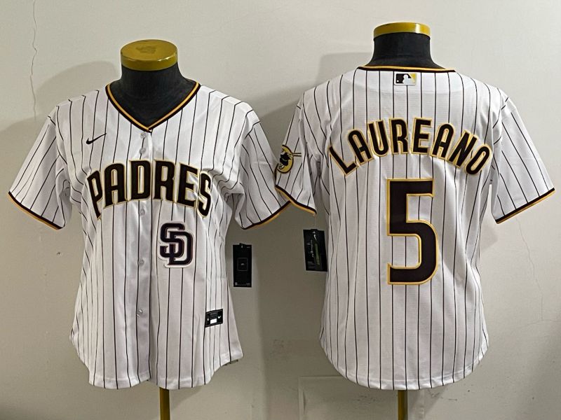 Women San Diego Padres #5 Laureano White Stripe Nike 2025 MLB Jersey 04